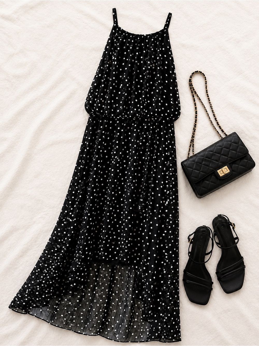 White House Black Market Black Polka Dot Chiffon High-Low Midi Dress Size 6